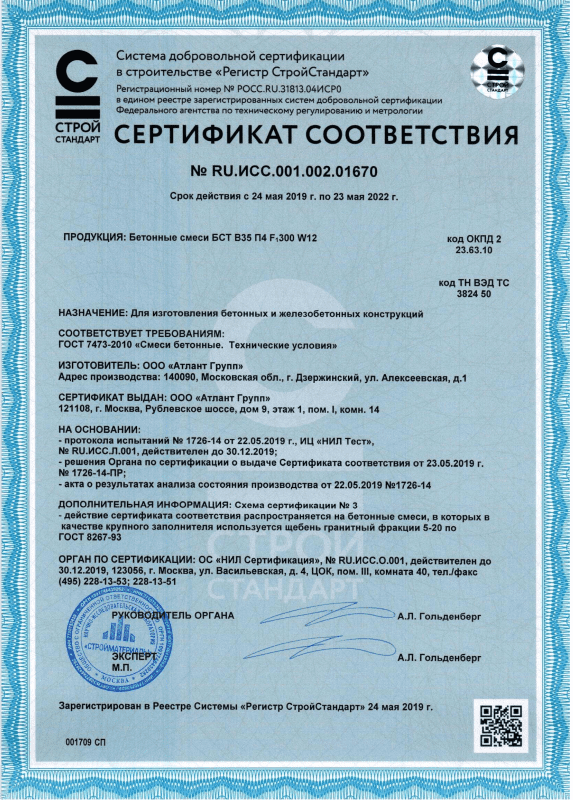 Сертификат В35 П4 F300 W12 гранит